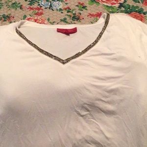 White knit tee with bling neckline.